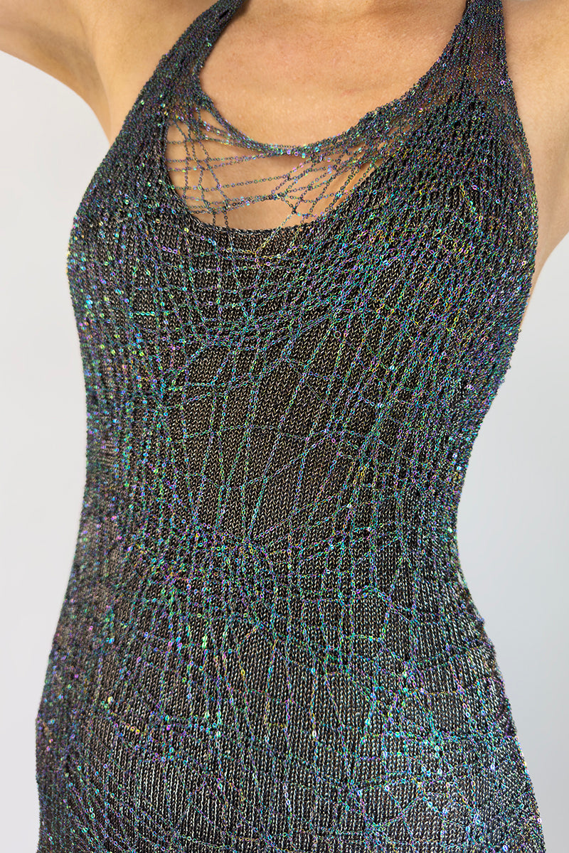 IRIDESCENT GUNMETAL CHAIN SPIDERWEB RACERBACK MINI DRESS - CULT MIA