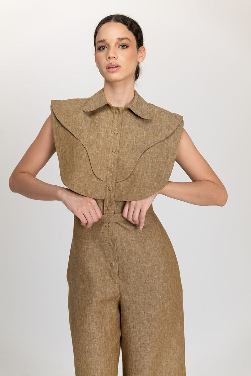 ANA + MARIA Isabela jumpsuit in Apple Cinnamon fabric, featuring a stylish, fitted design perfect for casual or semi-formal wear.