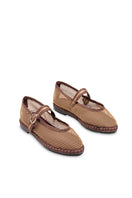 Flabelus Isabella brown flats with brown piping, featuring a sleek design and comfortable slip-on style.