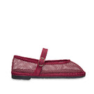 Flabelus Isabella Garnet flats with garnet piping, featuring a stylish design and comfortable slip-on style, close-up view of the shoes.