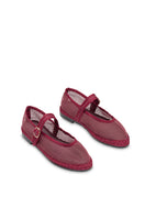 Flabelus Isabella Garnet flats featuring deep red garnet color with matching piping, stylish and comfortable for everyday wear.