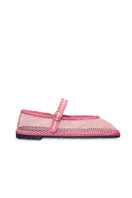 Flabelus Isabella pink flats with rounded toe and bow detail, featuring soft fabric upper and flat sole.