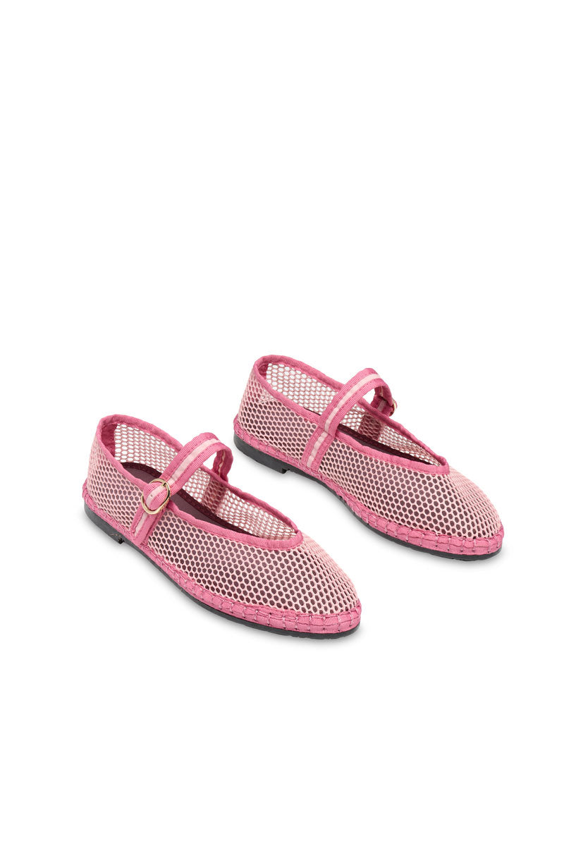 Flabelus Isabella pink flats with rounded toe and bow detail on a white background