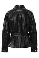 Black Isabella leather jacket by Nana Jacqueline, shown from the back, featuring sleek vegan leather and stylish stitching details.