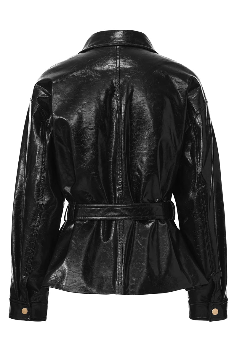 Black Isabella leather jacket by Nana Jacqueline, shown from the back, featuring sleek vegan leather and stylish stitching details.