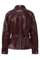 Nana Jacqueline Isabella leather jacket in claret color, shown from the back, featuring a sleek design and smooth vegan leather finish.
