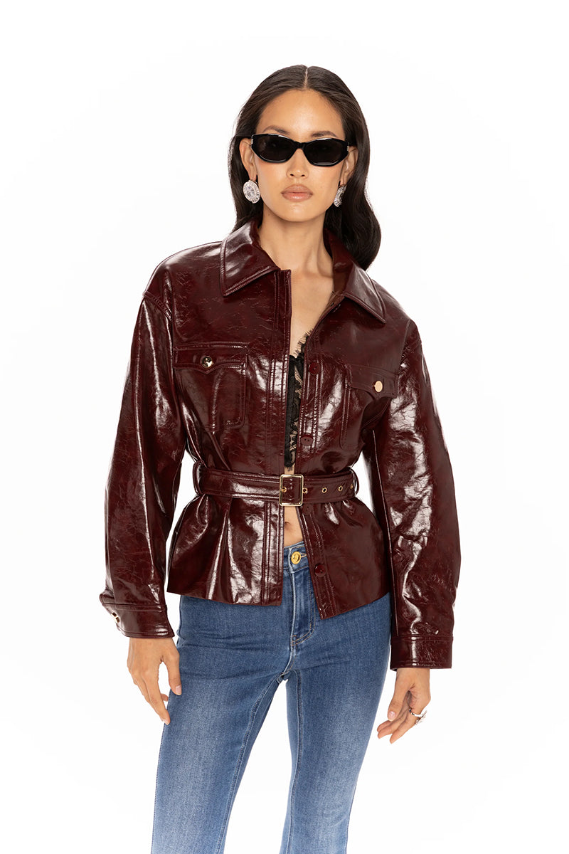 Nana Jacqueline Isabella vegan leather jacket in claret color, stylish and fitted with a classic collar and zip closure.