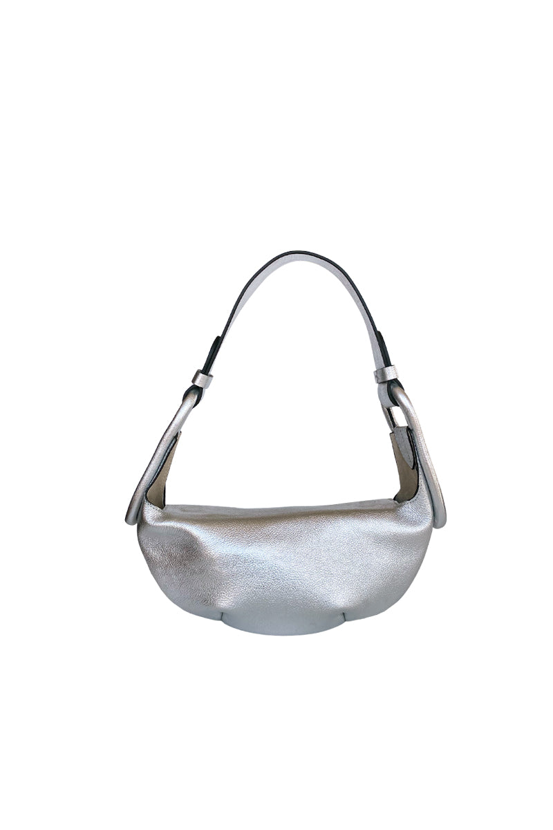 Silver Isidora Malva Amalfi Mini shoulder bag with sleek design and adjustable strap, front view showing smooth surface and compact size.
