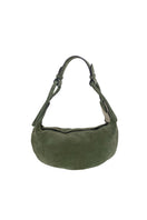 Olive green suede Amalfi shoulder bag by Isidora Malva, front view showing sleek design and shoulder strap.