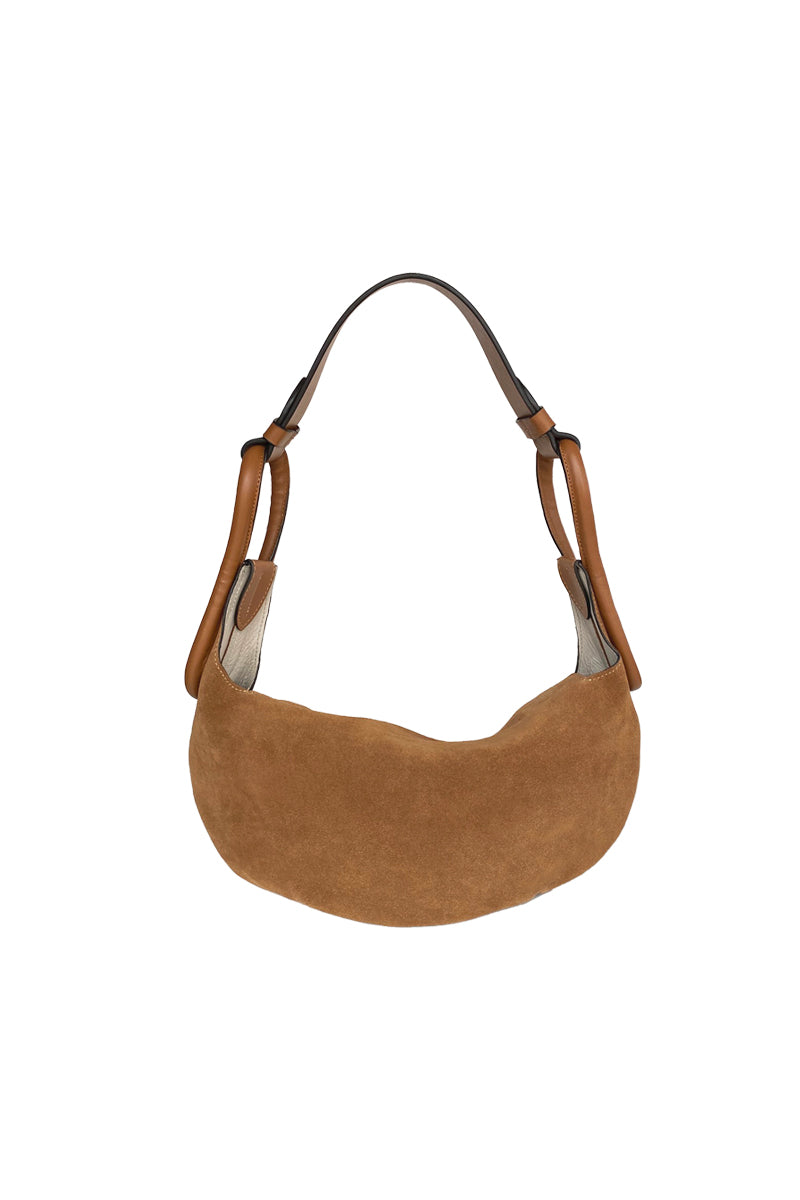 Isidora Malva Amalfi suede shoulder bag in toffee color with top handle and adjustable strap, front view showing elegant design.