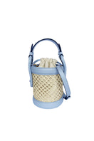 Blue Isidora Malva IZA Bucket top handle bag with rounded shape and stylish design, front view showing textured material.
