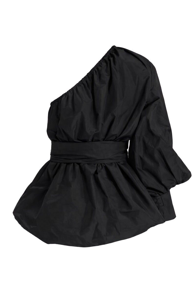 Black Isolde top by ANA + MARIA, featuring a stylish design, shown on a ghostly model in a fashion photo.