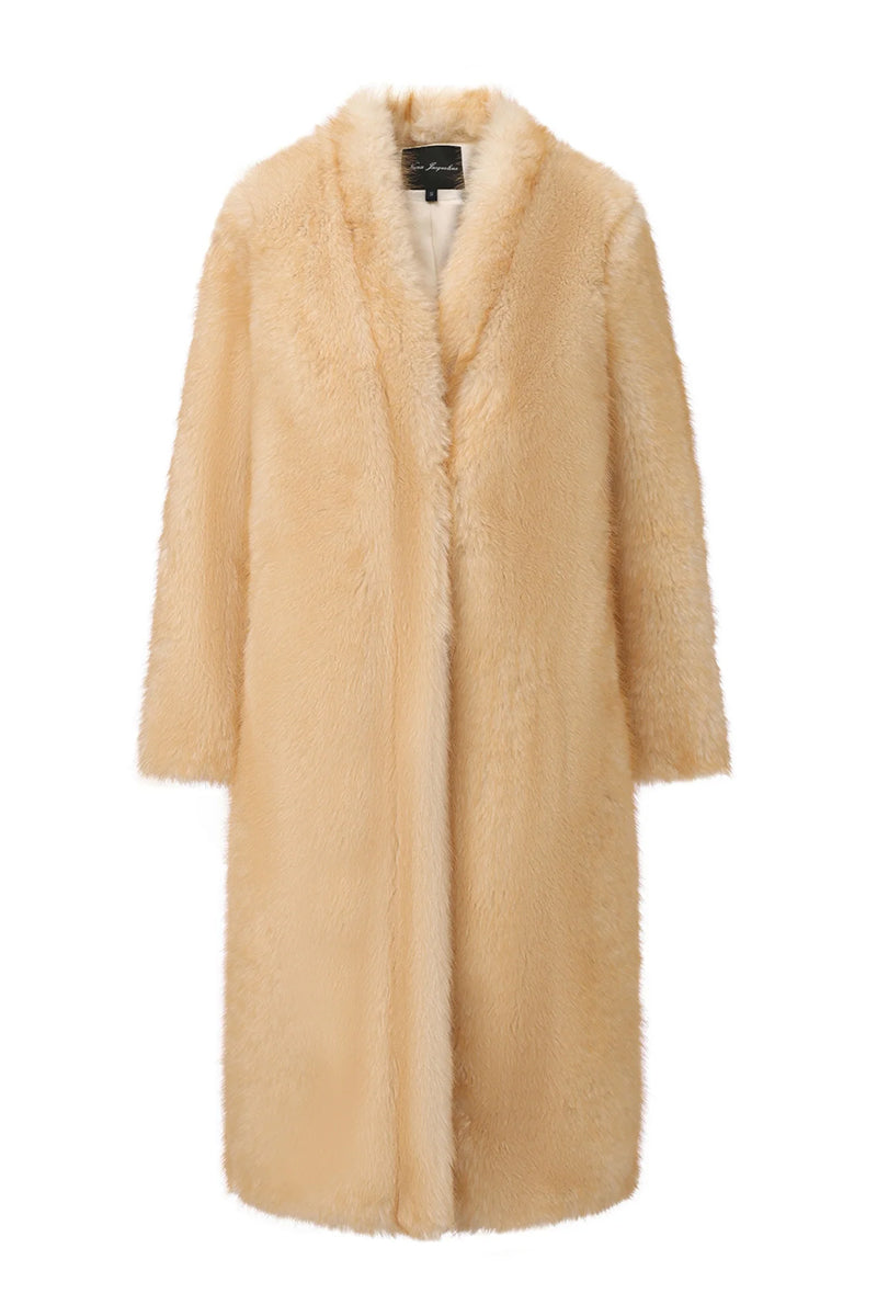 Nana Jacqueline Isolde faux fur long coat displayed on a hanger, showcasing its plush texture and elegant design.