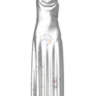 Silver laminated butterfly maxi dress by Maccapani, flowing design with butterfly embellishments, perfect for elegant occasions