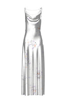 Silver laminated butterfly maxi dress by Maccapani, flowing design with butterfly embellishments, perfect for elegant occasions
