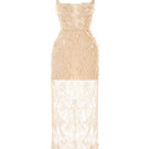 Ivory beaded lace pencil dress by Montsand, featuring intricate lace details and a fitted silhouette, ideal for elegant occasions.