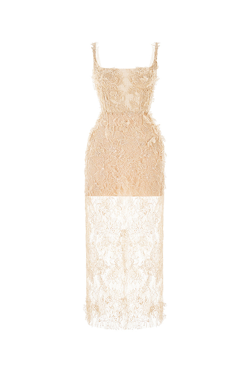 IVORY BEADED LACE PENCIL DRESS - CULT MIA