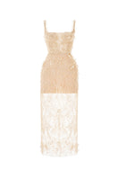 Ivory beaded lace pencil dress by Montsand, featuring intricate lace details and a fitted silhouette, ideal for elegant occasions.