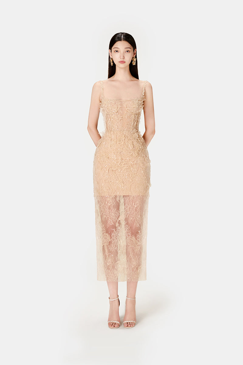 IVORY BEADED LACE PENCIL DRESS - CULT MIA