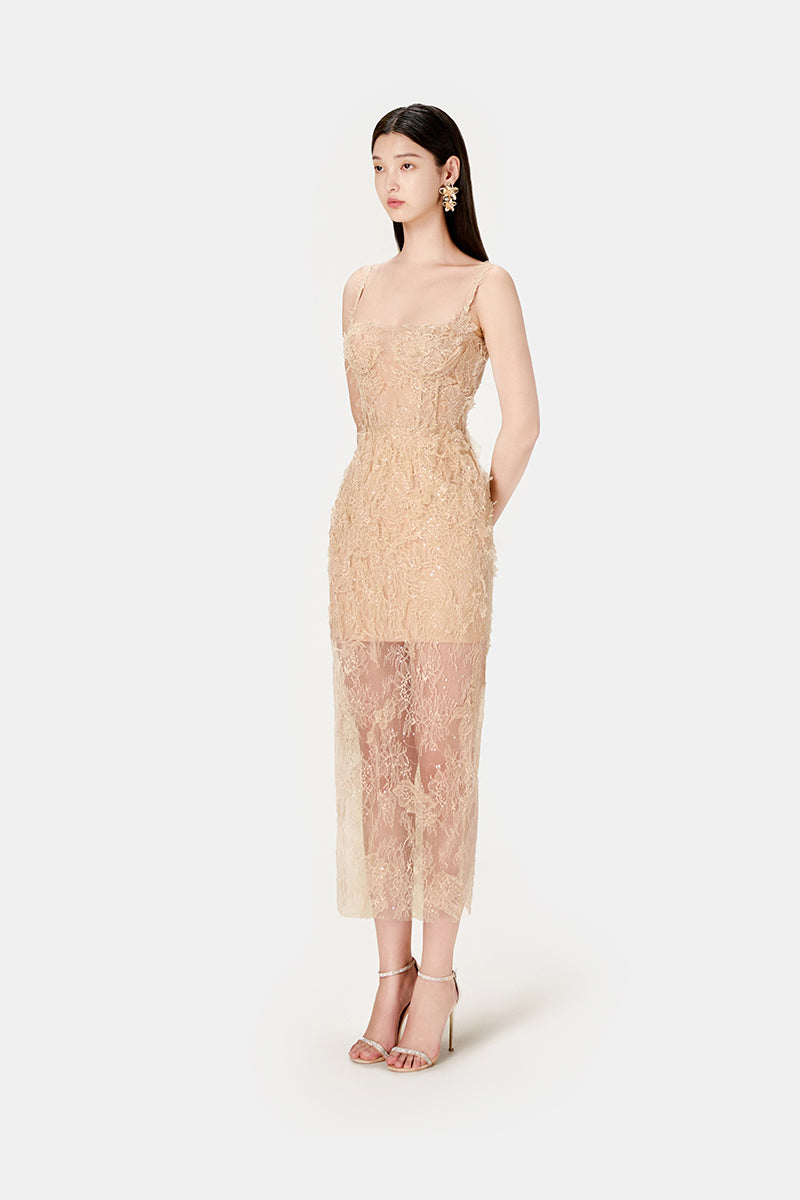 IVORY BEADED LACE PENCIL DRESS - CULT MIA