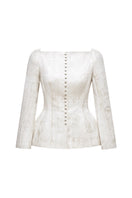 Ivory brocade blazer by Montsand, tailored fit with intricate floral pattern, featuring a single-breasted design and notched lapels.