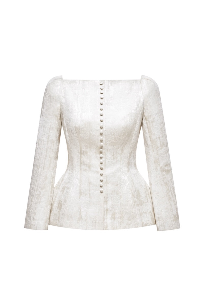 Ivory brocade blazer by Montsand, tailored fit with intricate floral pattern, featuring a single-breasted design and notched lapels.