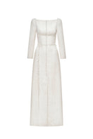 Ivory brocade split gown by Montsand featuring elegant fabric and a flowing design, perfect for formal occasions.