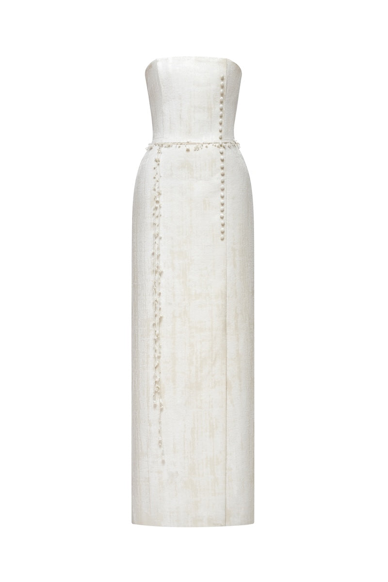 IVORY BROCADE STRAPLESS DRESS - CULT MIA