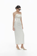 Ivory draped tube midi dress by Montsand featuring a sleek, fitted silhouette and elegant draped fabric for sophisticated style.