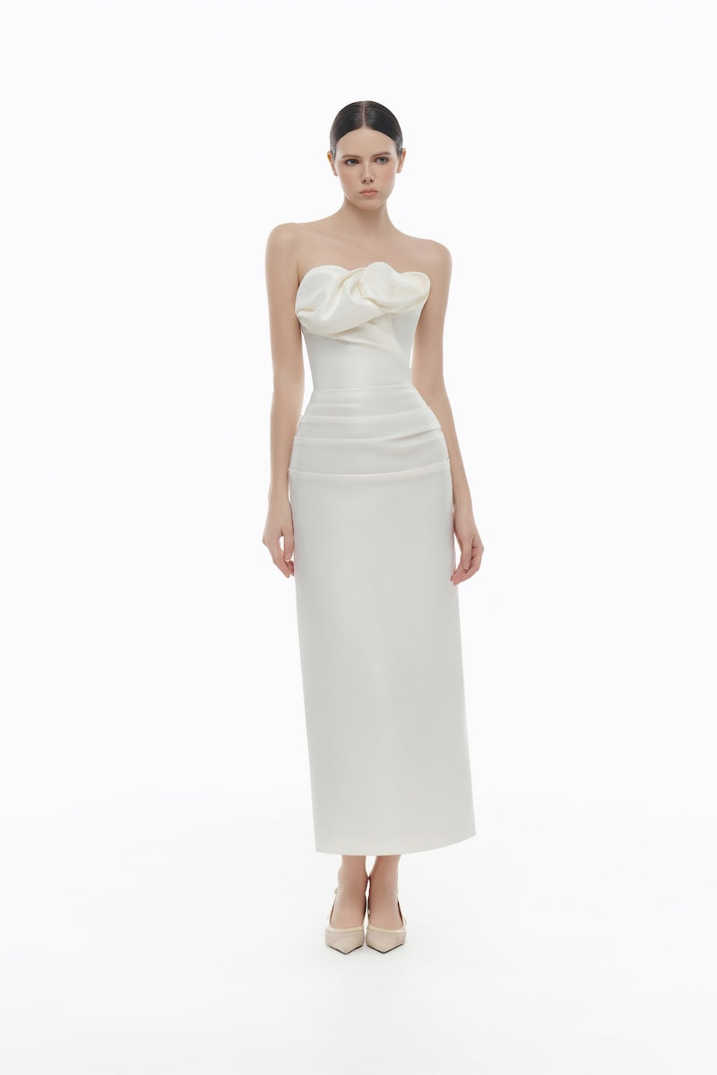 Ivory draped tube midi dress by Montsand, featuring a sleek fit and elegant draping for stylish occasions.