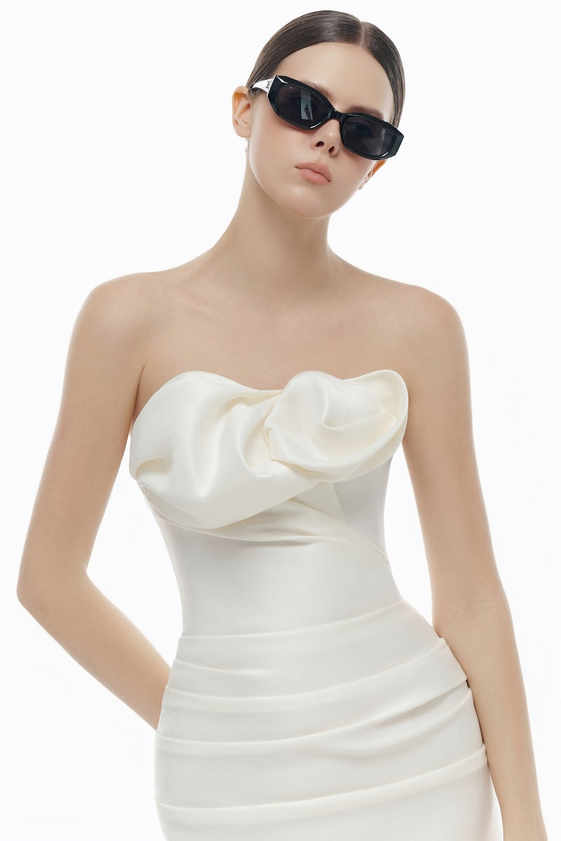Ivory draped tube midi dress by Montsand, featuring a sleek, fitted silhouette and elegant draping for a sophisticated look.