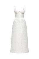 Ivory floral bustier midi dress by Montsand, featuring a fitted bodice, floral pattern, and elegant midi length.