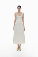 Ivory floral bustier midi dress by Montsand, featuring fitted bodice and flowing skirt, perfect for elegant occasions.