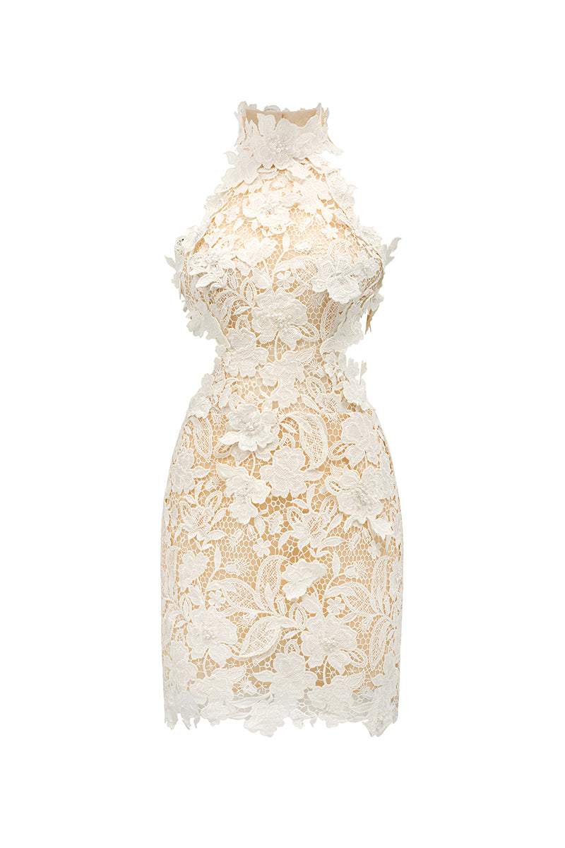 FLORAL GARDEN LACE HALTER MINI DRESS