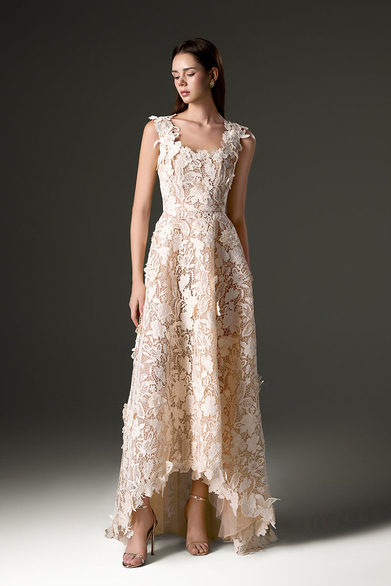 PEARL EMBELLISHED FLORAL LACE A-LINE DRESS IN IVORY - CULT MIA
