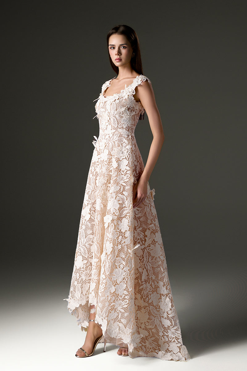 PEARL EMBELLISHED FLORAL LACE A-LINE DRESS IN IVORY | CULT MIA