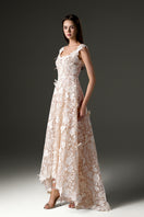Ivory pearl-embellished floral lace A-line gown by I.H.F Studio with a midi length and elegant trapeze silhouette.
