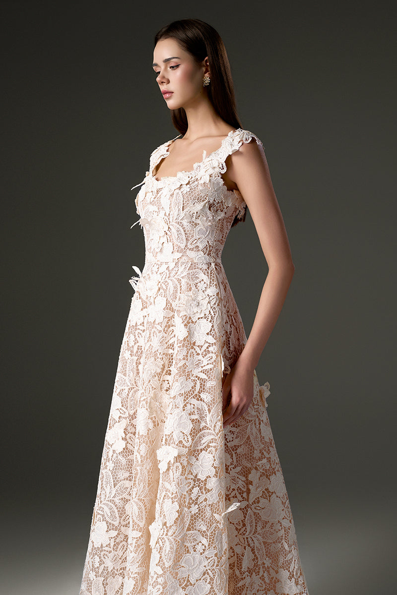 PEARL EMBELLISHED FLORAL LACE A-LINE DRESS IN IVORY | CULT MIA PEARL EMBELLISHED FLORAL LACE A-LINE DRESS IN IVORY | CULT MIA