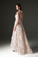 Ivory floral lace A-line gown with pearl embellishments, designed by I.H.F Studio, featuring a midi, trapeze, and mullet silhouette.