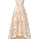 Ivory pearl-embellished floral lace A-line gown by I.H.F Studio with midi length, trapeze silhouette, and mullet hem.