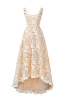 Ivory pearl-embellished floral lace A-line gown by I.H.F Studio with midi length, trapeze silhouette, and mullet hem.