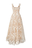 Ivory floral lace A-line gown with pearl cluster embellishments, designed by I.H.F Studio, featuring a trapeze midi mullet silhouette.