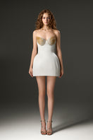 Ivory satin silk bustier mini dress with lotus petal-shaped detailing by I.H.F Studio, showcasing a sleek and elegant design.