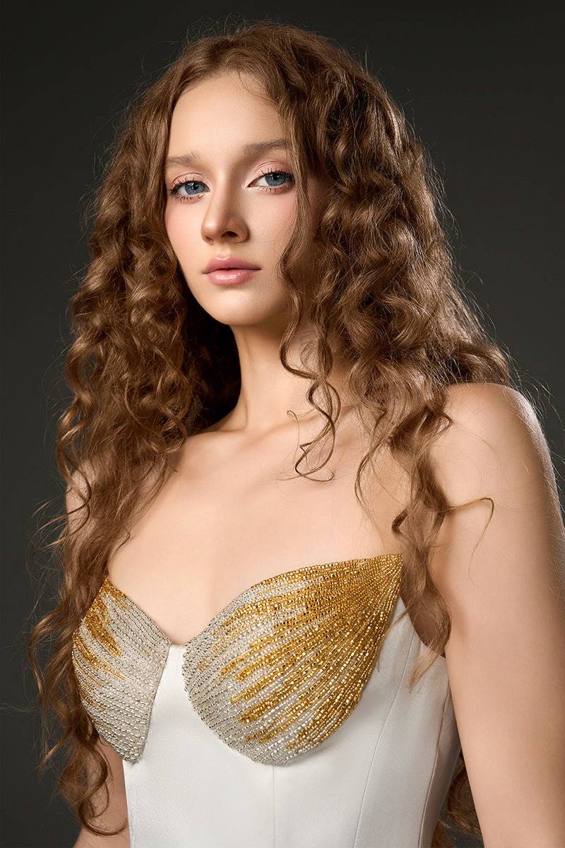 Ivory satin silk mini dress by I.H.F Studio featuring a lotus petal-shaped bustier detail and elegant fit.
