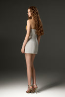 Ivory satin silk mini dress with lotus petal-shaped detailing by I.H.F Studio, features a satin bustier design and elegant fit.