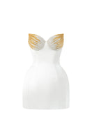 Ivory satin bustier mini dress with lotus-petal-shaped detailing from I.H.F Studio, featuring a fitted silhouette and elegant design.