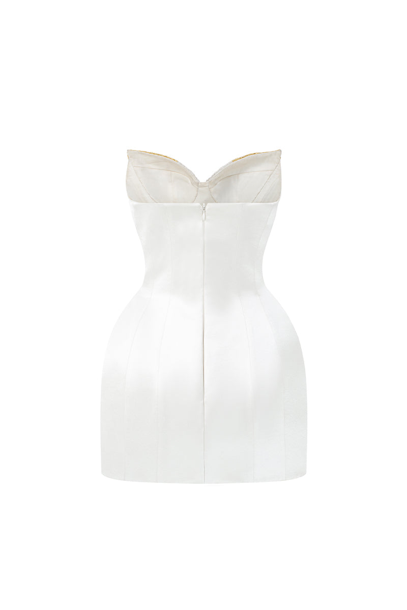 Ivory satin silk bustier mini dress with lotus-petal-shaped detailing by I.H.F Studio, showcasing elegant and intricate design.