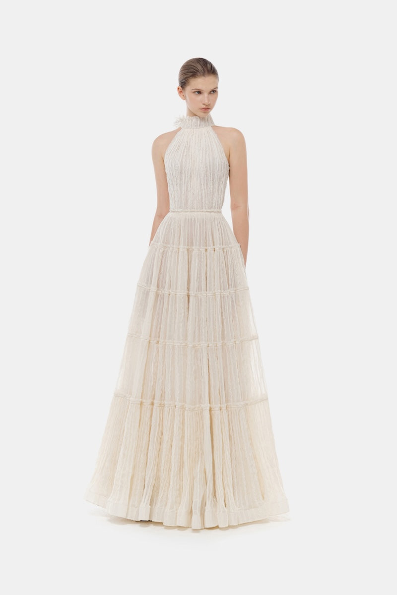 IVORY TIERED HALTER MAXI DRESS
