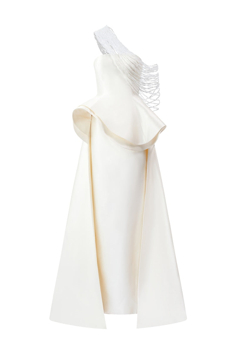 Ivory Tracy Studio taffeta bamboo peplum maxi dress, elegant sleeveless design with a fitted bodice and flowing skirt.