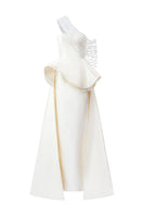 Ivory taffeta bamboo peplum gown by Tracy Studio featuring a fitted bodice and flowing skirt, elegant evening dress.